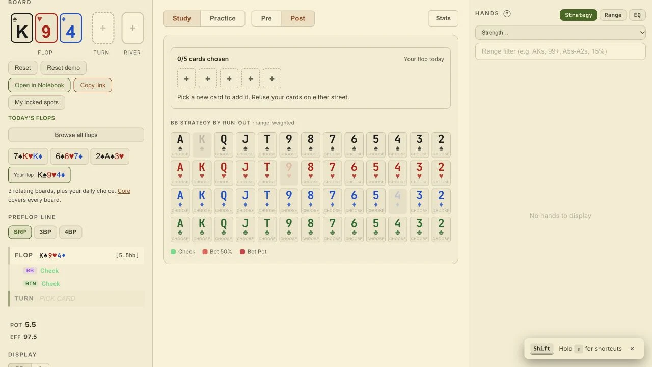 Turn runout grid with five empty daily card-pool slots