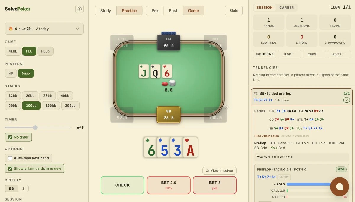SolvePoker Game mode: a 6-max PLO table mid-hand with the review pane