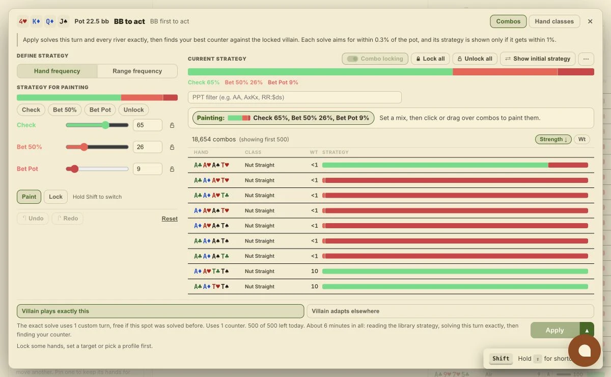 PLO lock editor showing action brushes, combo locking and the combo list