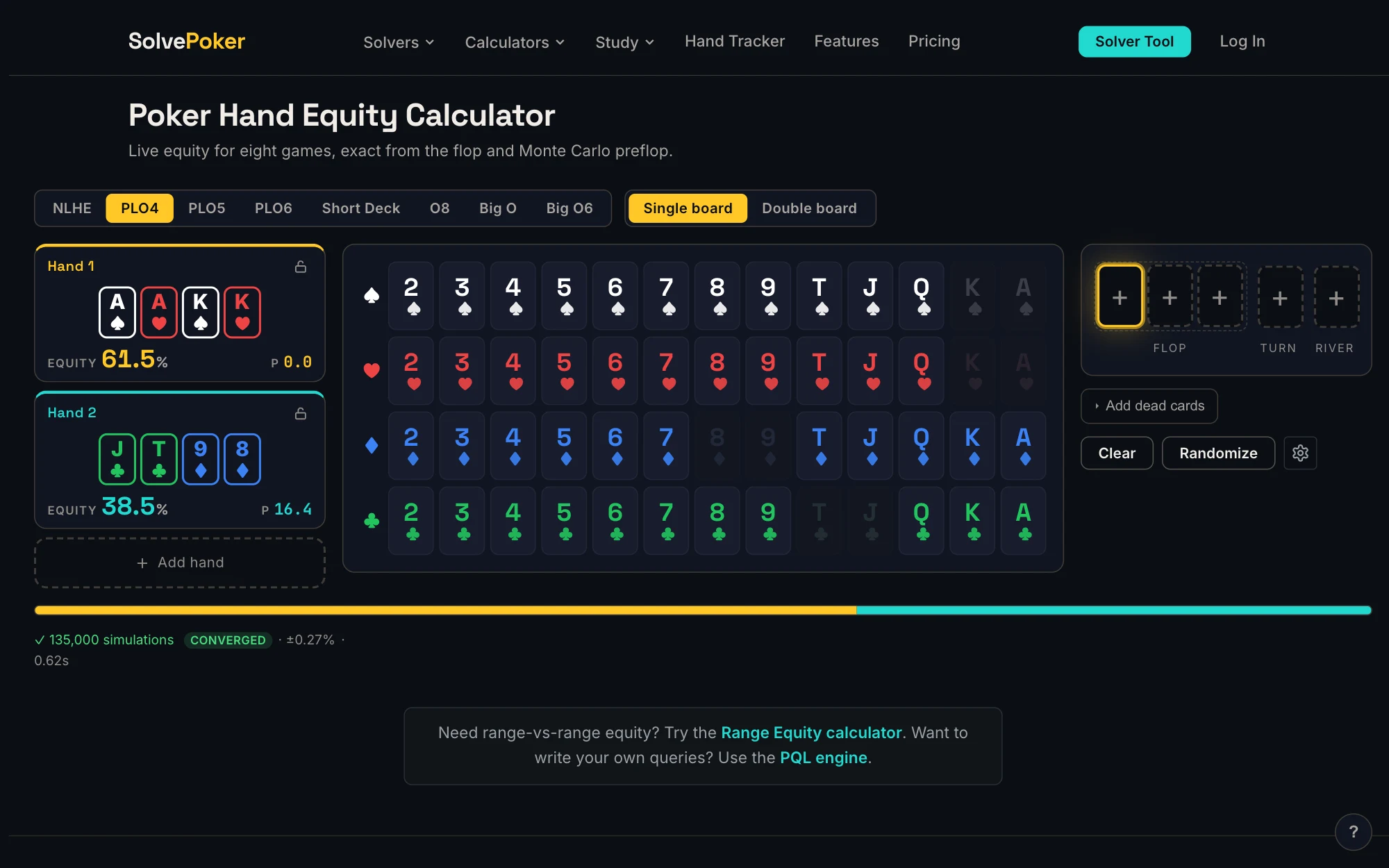 SolvePoker Hand Equity Calculator showing two PLO hands and their equities