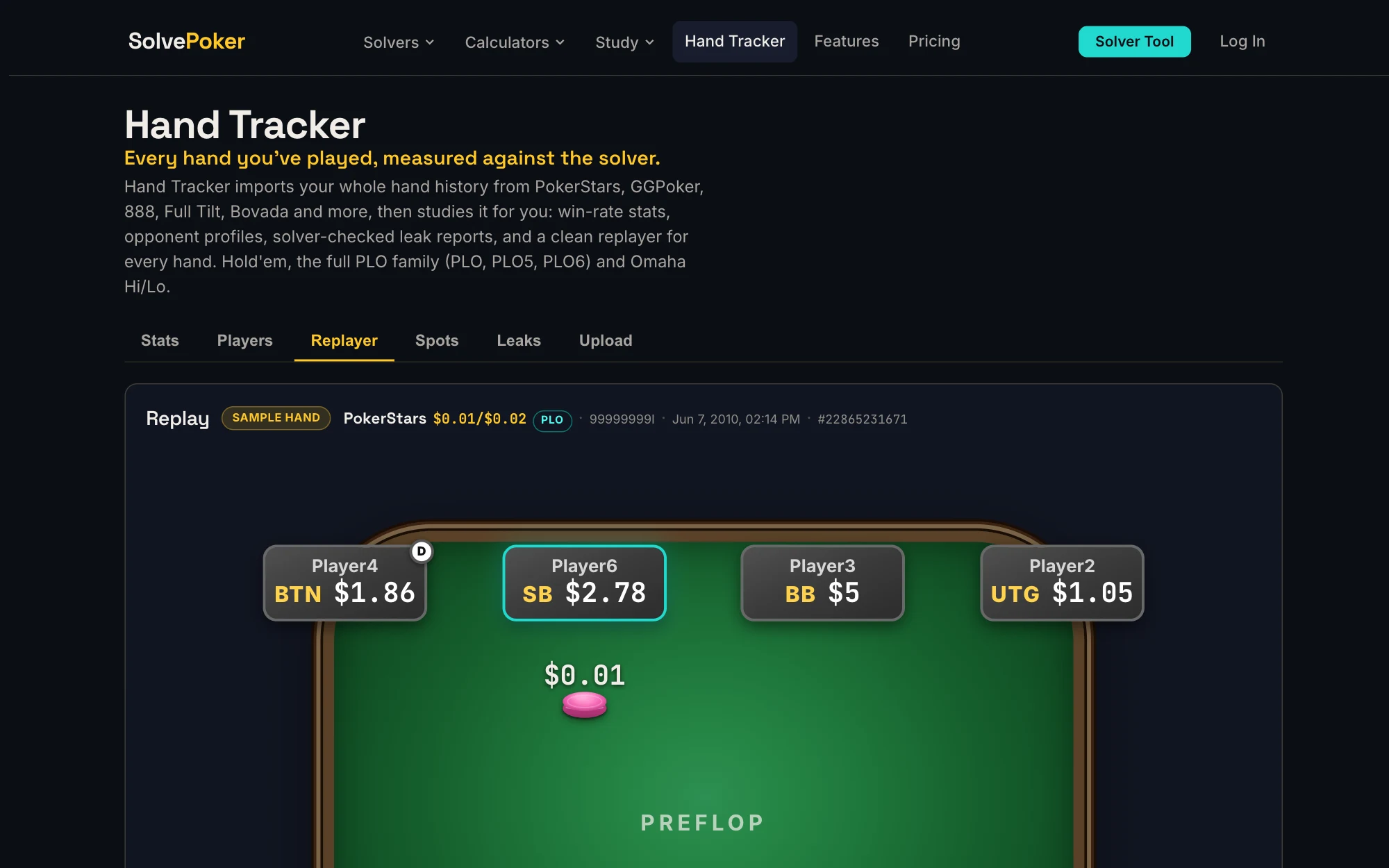SolvePoker Hand Tracker hand replayer with a sample hand