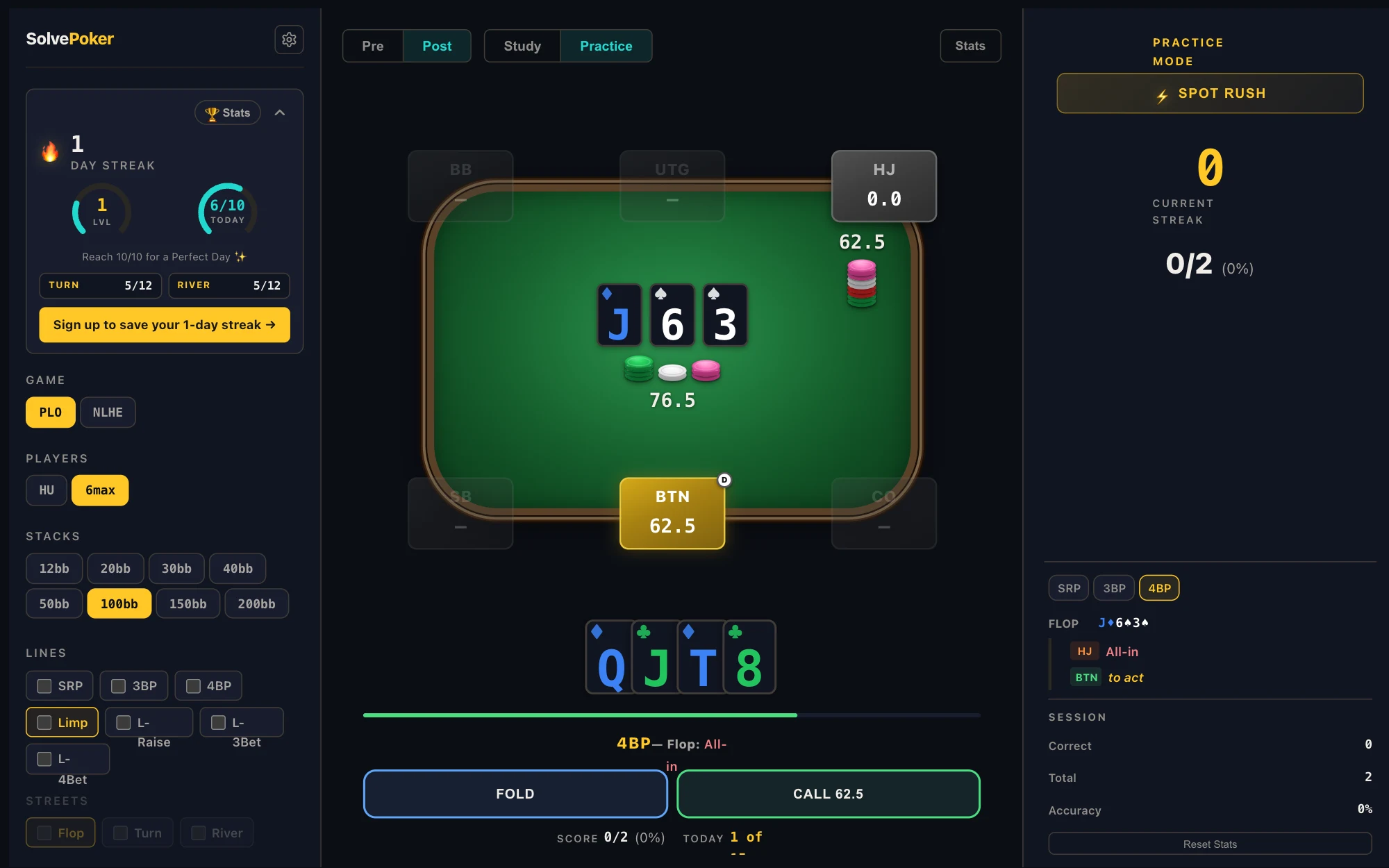 SolvePoker Postflop Practice quiz spot on the table