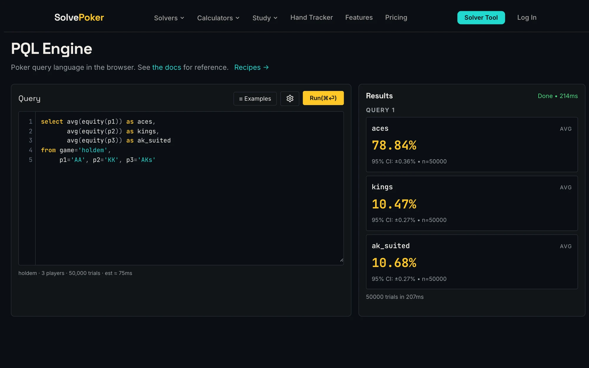 SolvePoker PQL Engine with a query and its results