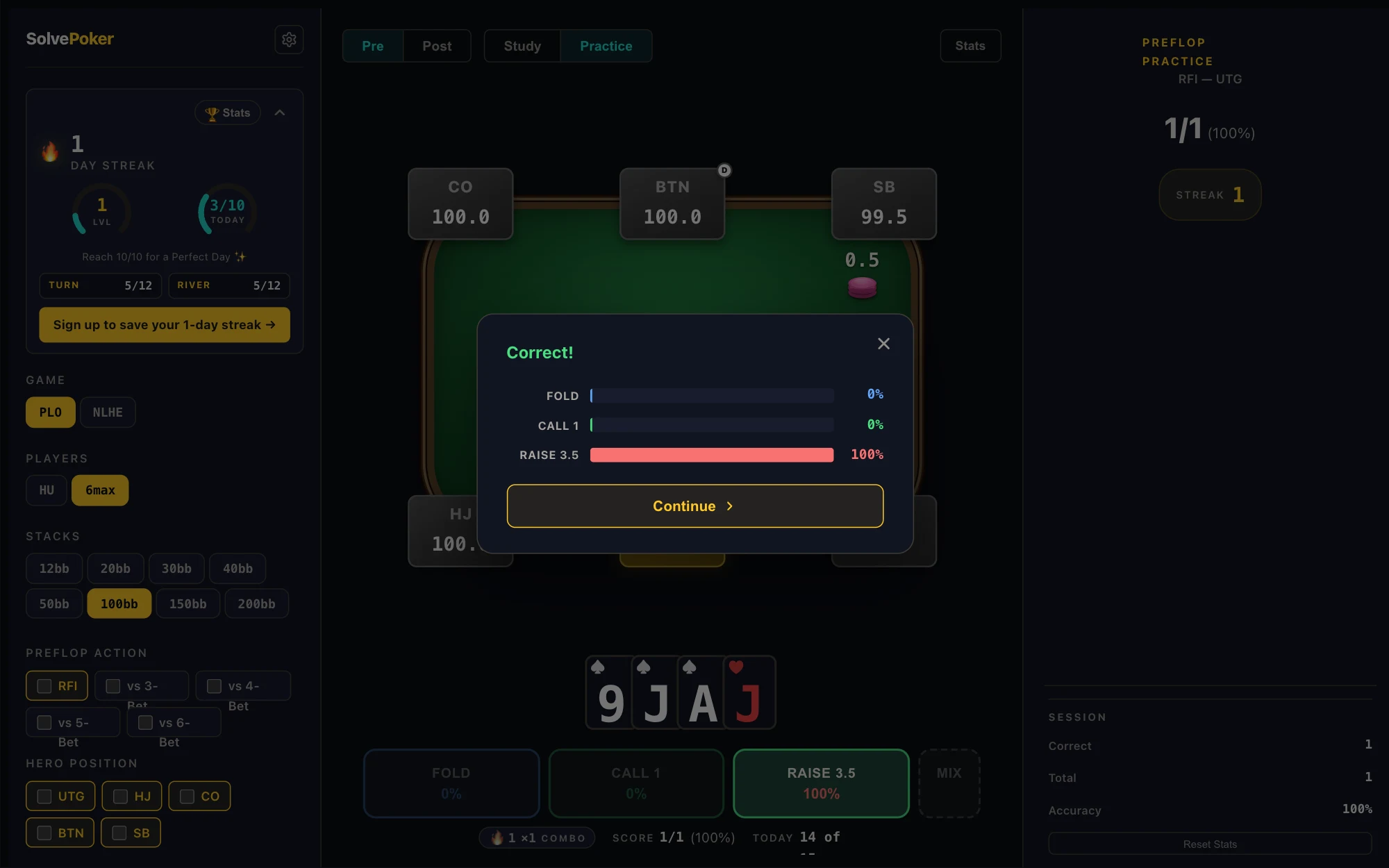 SolvePoker Preflop Practice quiz spot at the table