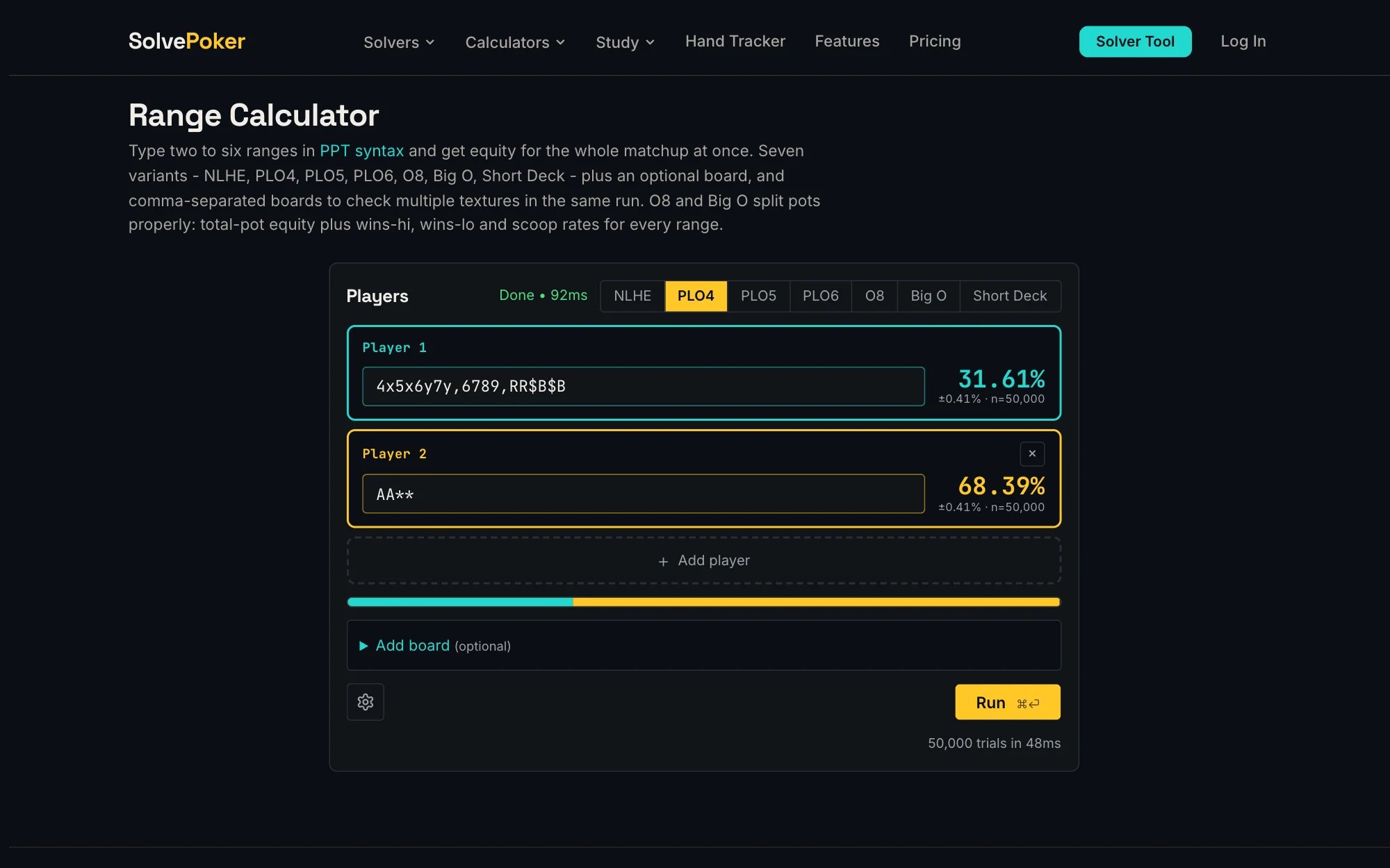 SolvePoker Range Equity Calculator showing range-vs-range results