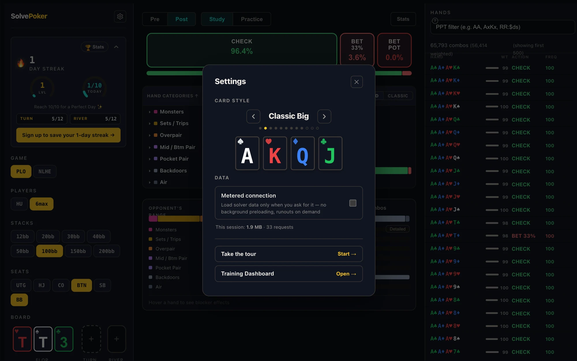SolvePoker settings modal with the card-style picker and Data section