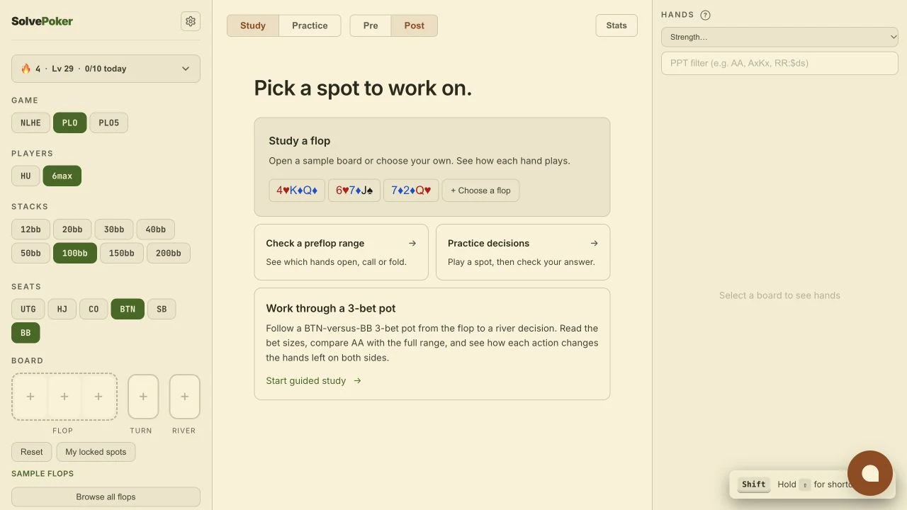 Solver welcome screen with flop choices, preflop study and guided study