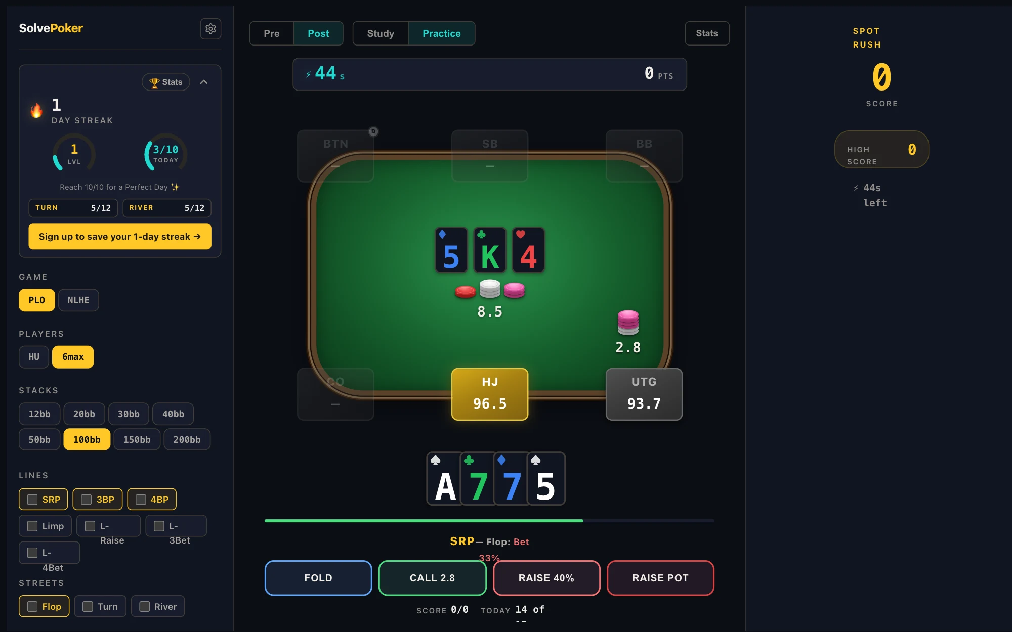 SolvePoker Spot Rush timed survival mode with the run clock